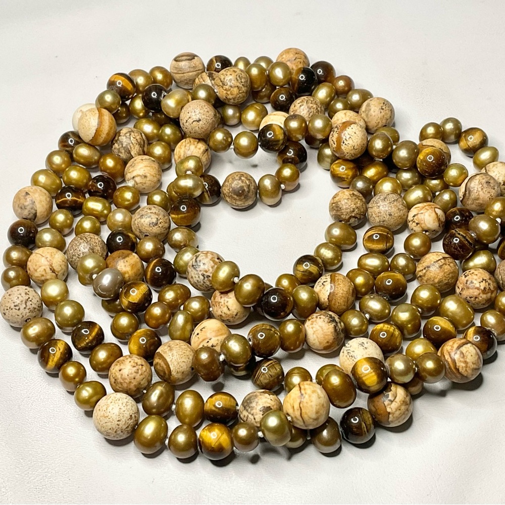 Pearl + Tiger Eye + Jasper Long Bead Necklace